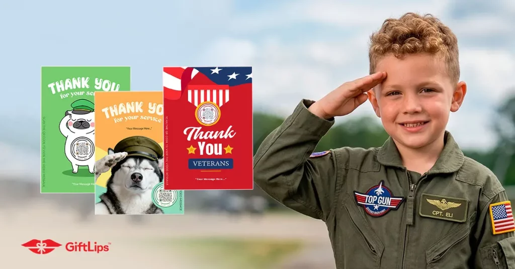 Kid with Veterans greeting cards