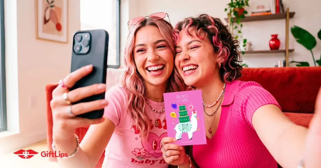 Friends recording a video greeting.
